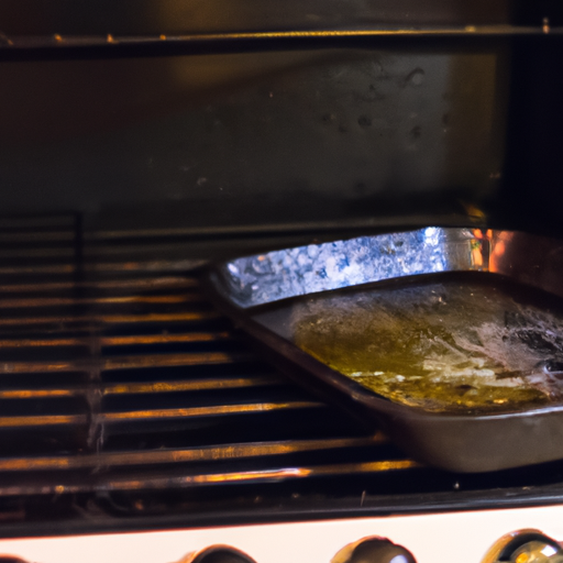 A cast iron skillet being seasoned with vegetable oil in an oven.