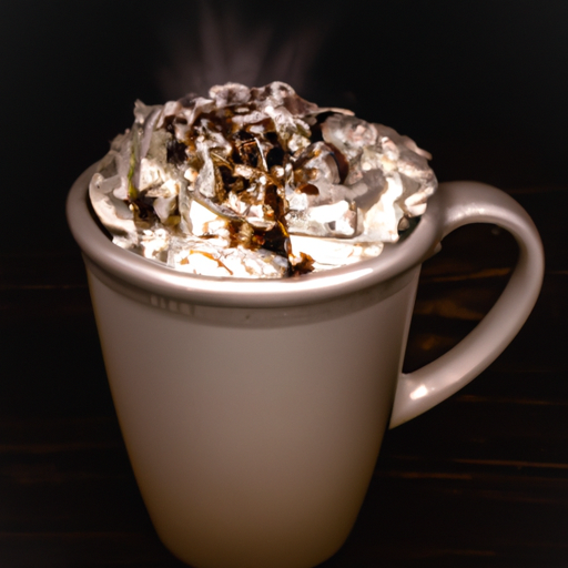 A steaming cup of hot chocolate topped with whipped cream and chocolate shavings.