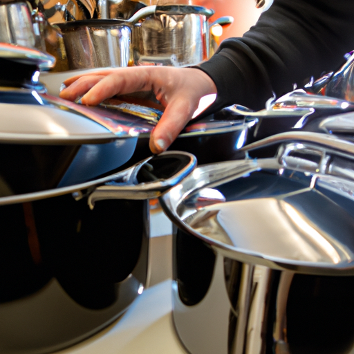 A person selecting cookware from a display with different pots and pans.
