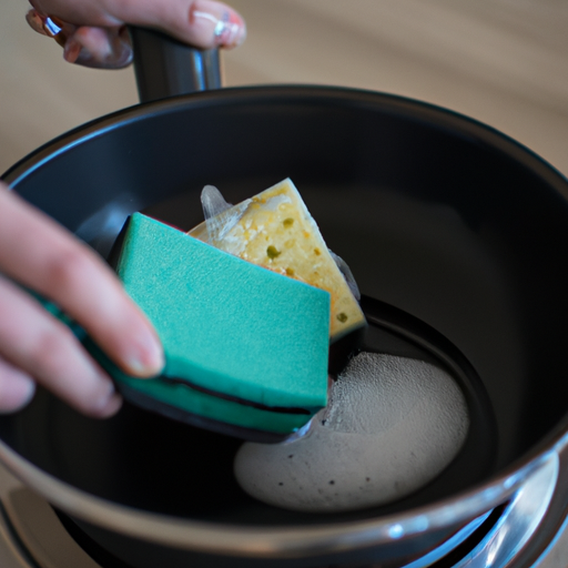 A person cleaning cookware with a soft sponge